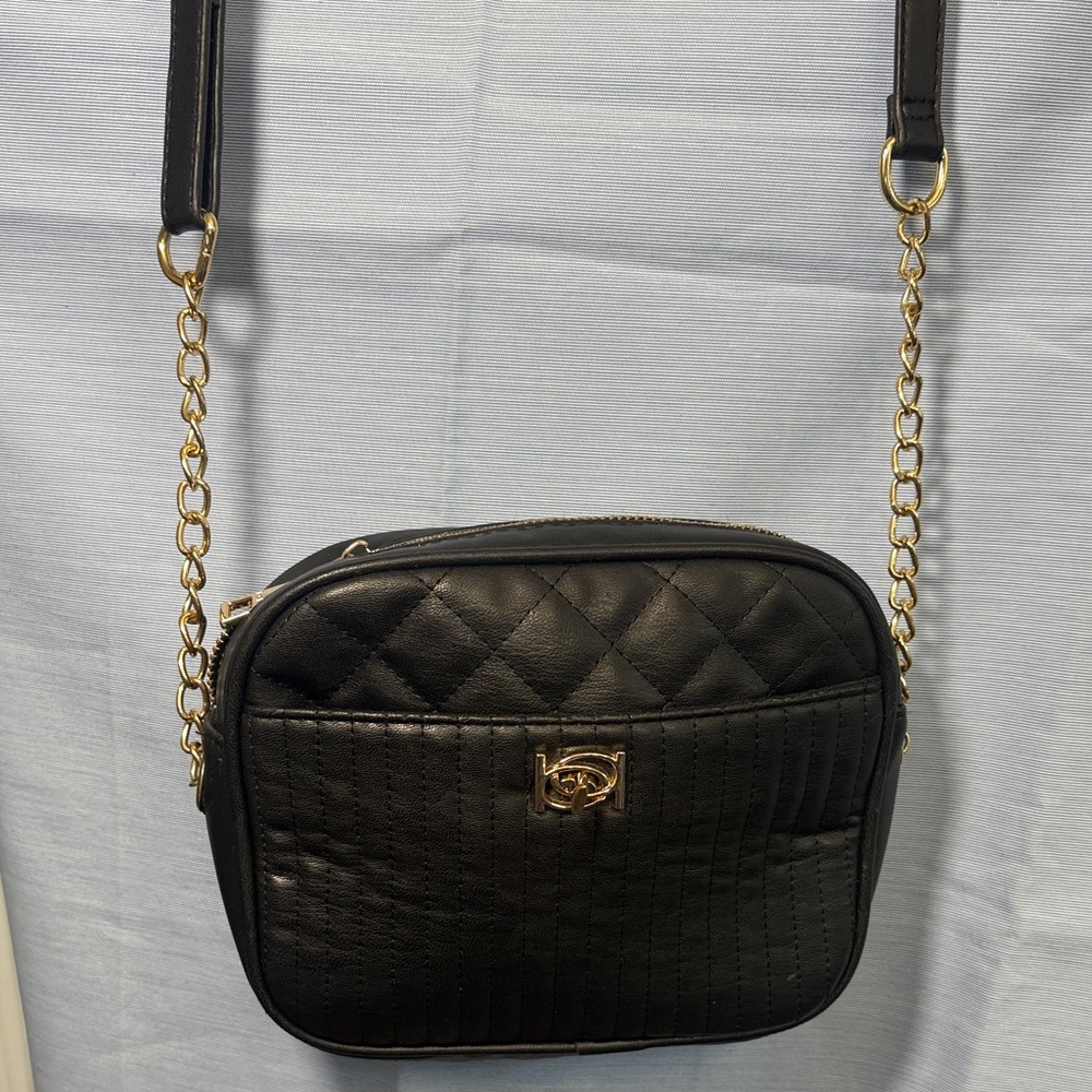 Bebe Black Quilted Crossbody with Gold Chain Strap